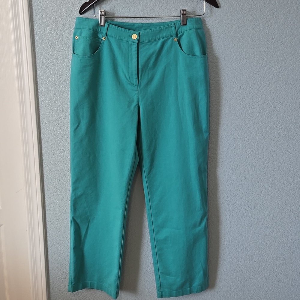 ST JOHN Teal Green Cropped Pants Sz 10 Five Pocket Button Fly